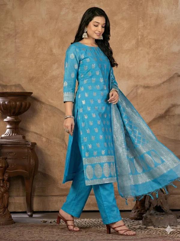 Sky_Blue_Butter_Silk_Premium_&_Elegant_Zari_Weaving_Unstitched_Suit_Set_With_Dupatta_For_Women