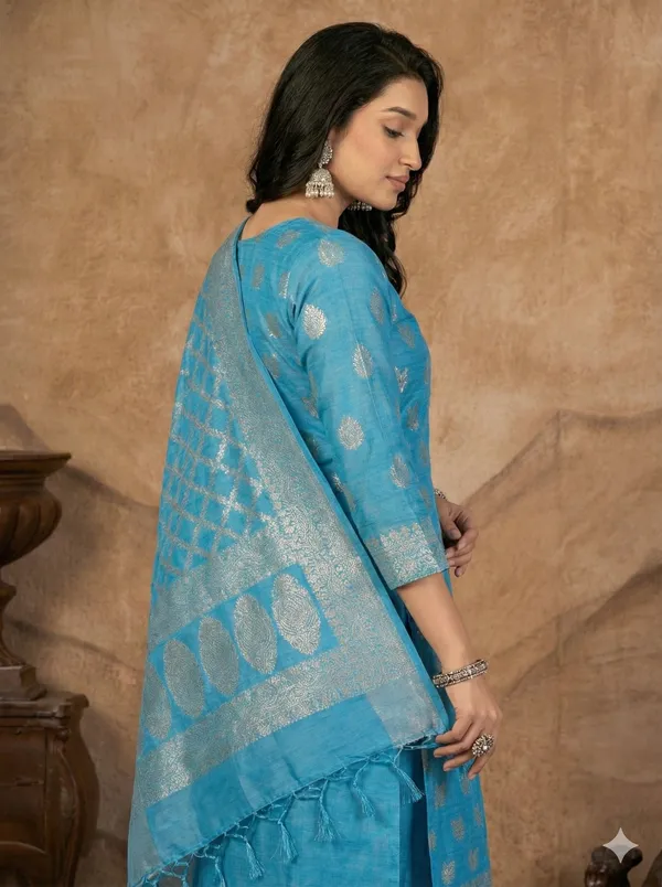 Sky_Blue_Butter_Silk_Premium_&_Elegant_Zari_Weaving_Unstitched_Suit_Set_With_Dupatta_For_Women