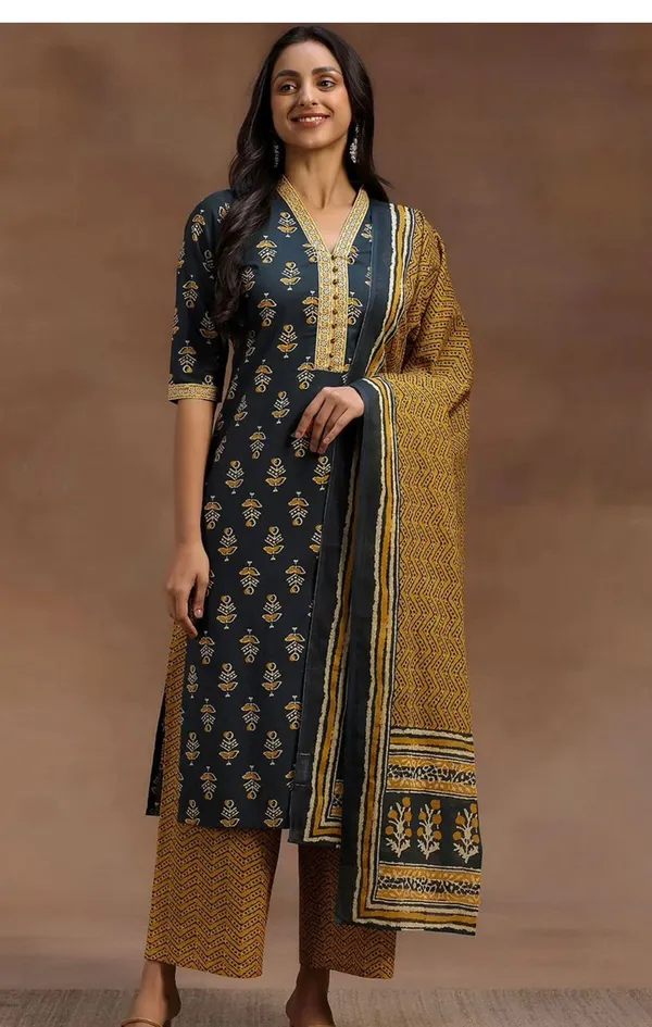Black_Pure_Cotton_Kurta_with_Pant_&_Dupatta_Set_|_For_Women
