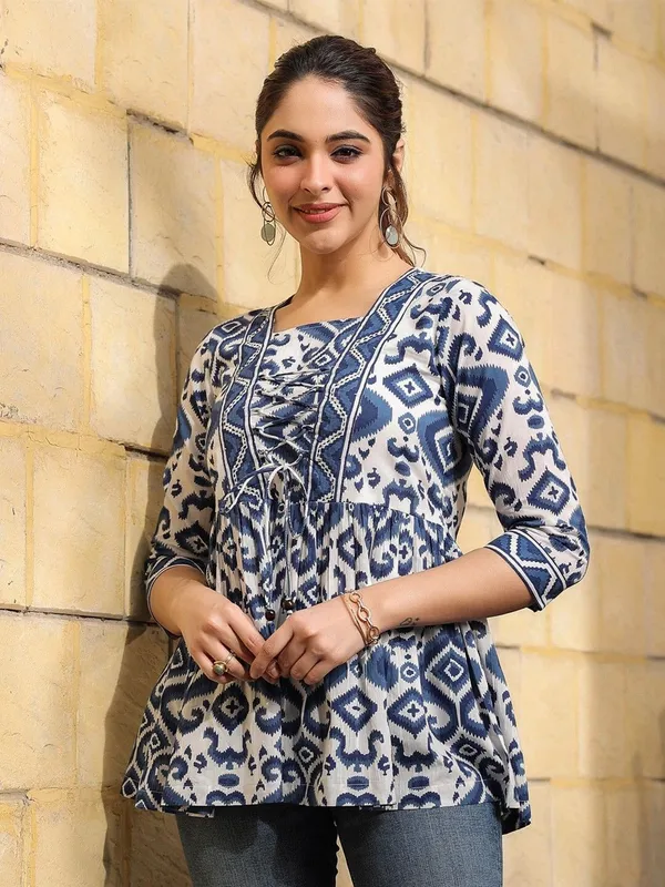 Light_Blue_Viscose_Rayon_Printed_Short_Kurti_|_For_Women