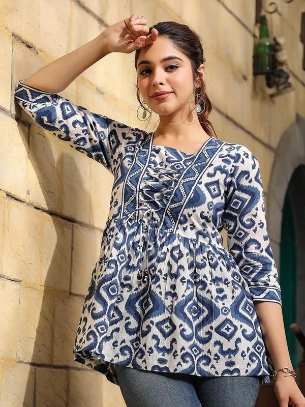 Light_Blue_Viscose_Rayon_Printed_Short_Kurti_|_For_Women