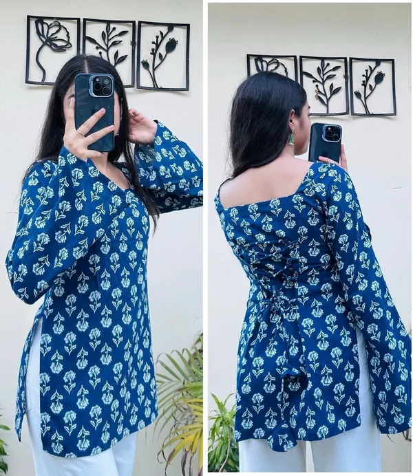 Blue_Pure_Cotton_Printed_Short_Kurti_|_For_Women