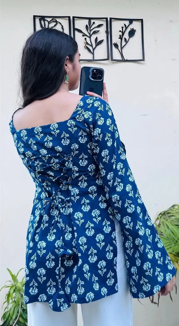 Blue_Pure_Cotton_Printed_Short_Kurti_|_For_Women