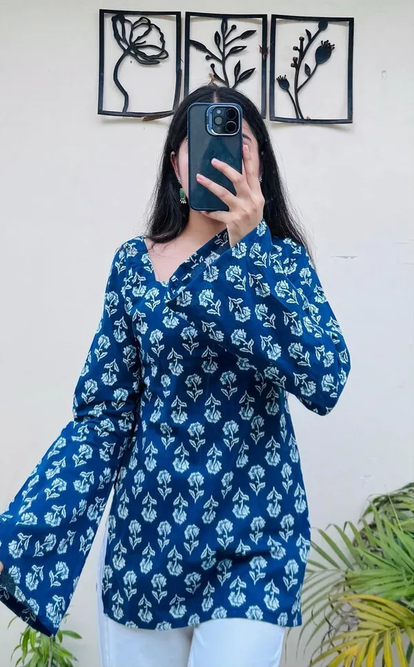 Blue_Pure_Cotton_Printed_Short_Kurti_|_For_Women