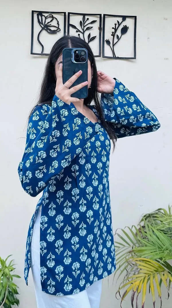 Blue_Pure_Cotton_Printed_Short_Kurti_|_For_Women