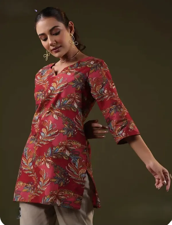 Dark_Maroon_Pure_Cotton_Printed_Short_Kurti_|_For_Women