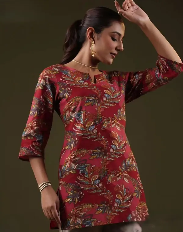 Dark_Maroon_Pure_Cotton_Printed_Short_Kurti_|_For_Women