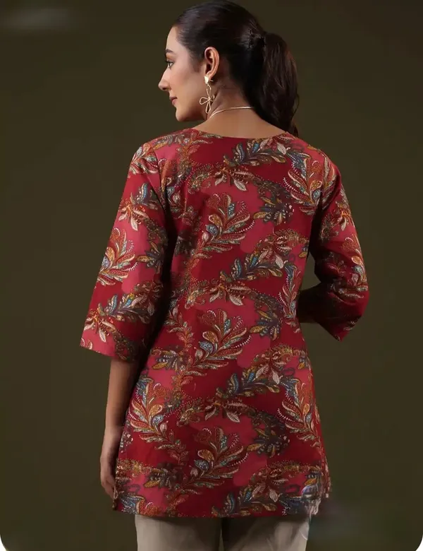 Dark_Maroon_Pure_Cotton_Printed_Short_Kurti_|_For_Women