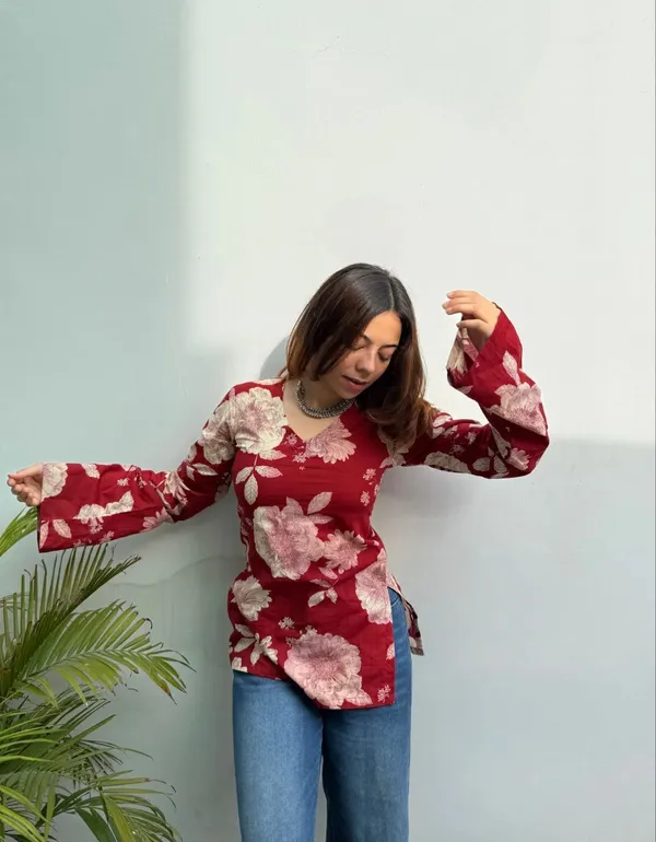 Maroon_Viscose_Rayon_Printed_Short_Kurti_|_For_Women