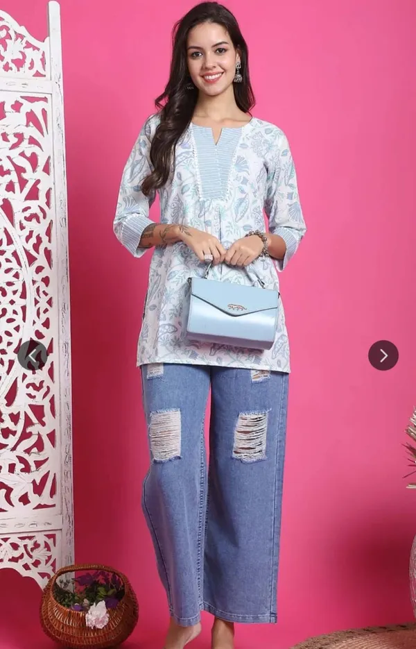 Sky_White_Pure_Cotton_Printed_Short_Kurti_|_For_Women
