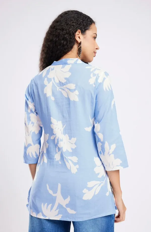 Sky_Blue_Pure_Cotton_Printed_Short_Kurti_|_For_Women