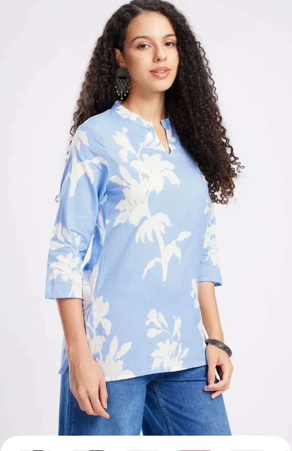 Sky_Blue_Pure_Cotton_Printed_Short_Kurti_|_For_Women