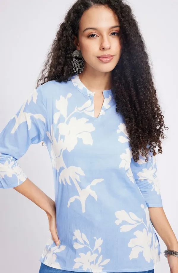 Sky_Blue_Pure_Cotton_Printed_Short_Kurti_|_For_Women