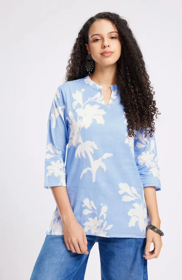 Sky_Blue_Pure_Cotton_Printed_Short_Kurti_|_For_Women