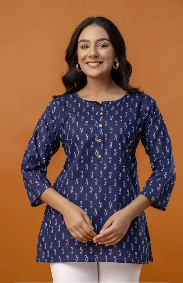 Blue_Pure_Cotton_Printed_Short_Kurti_|_For_Women