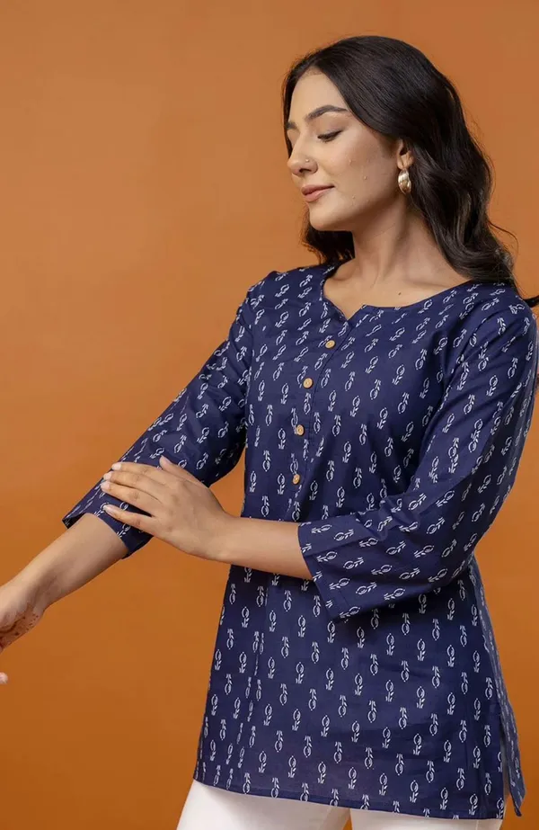 Blue_Pure_Cotton_Printed_Short_Kurti_|_For_Women