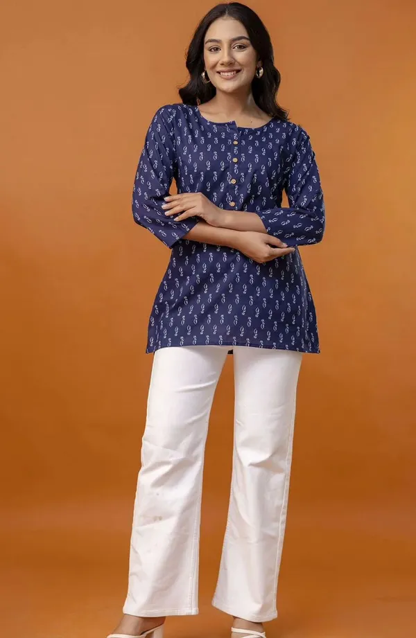 Blue_Pure_Cotton_Printed_Short_Kurti_|_For_Women