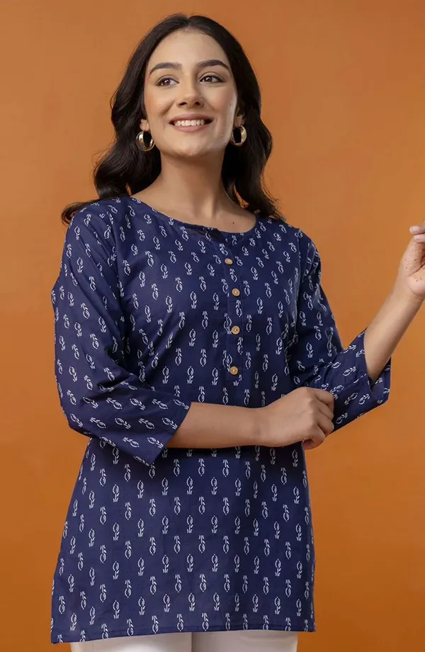 Blue_Pure_Cotton_Printed_Short_Kurti_|_For_Women