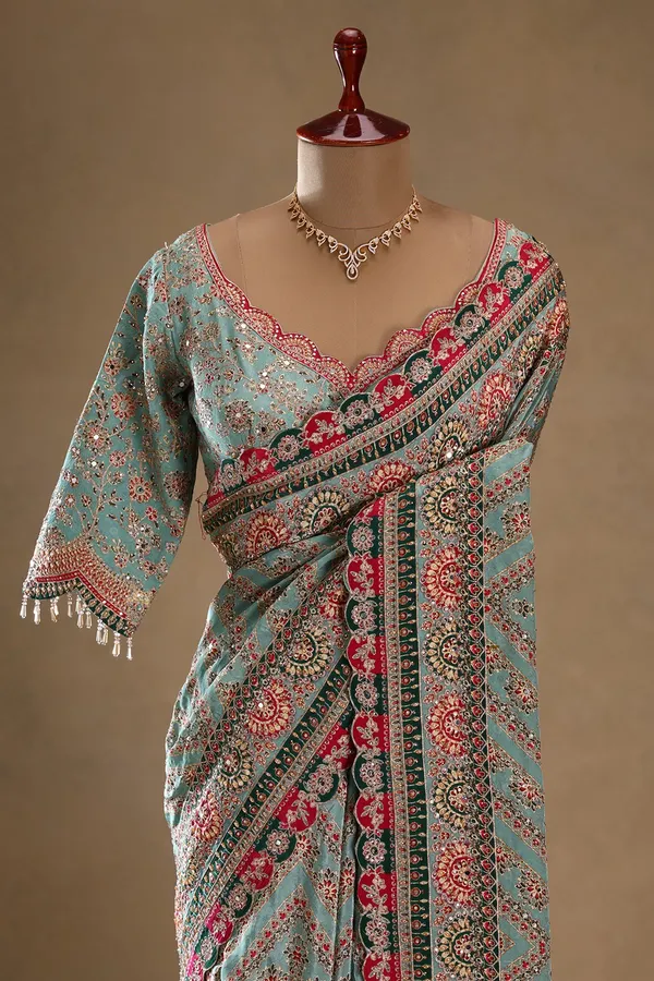 Leaf_Green_Embroidered_Designer_Saree_with_Readymade_Blouse