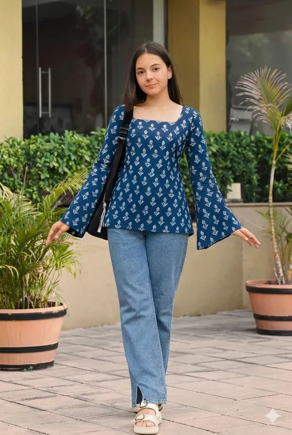 Blue_Pure_Cotton_Floral_Print_Short_Kurti_|_For_Women