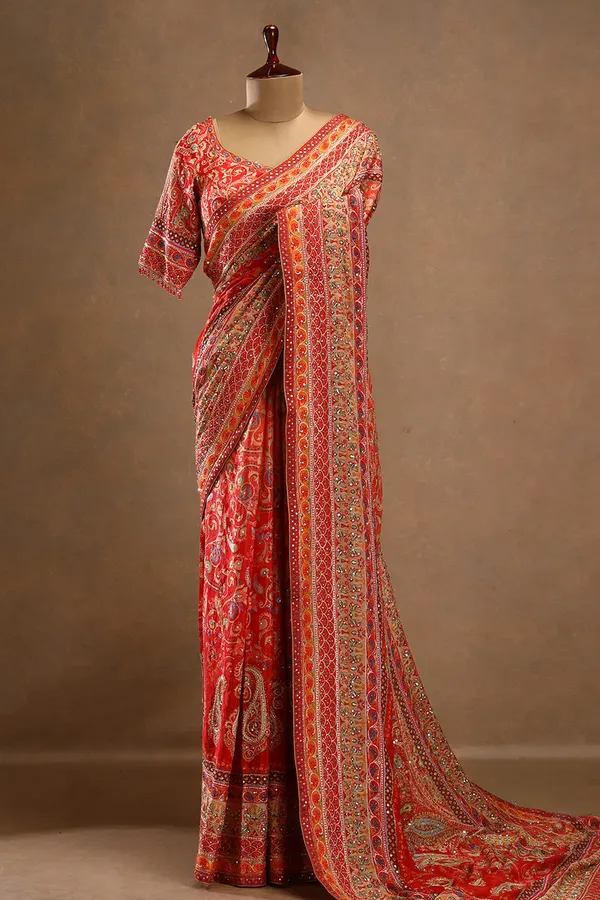 Red_Printed_Crepe_Designer_Saree_with_Embroidered_Elbow_Sleeve_Blouse