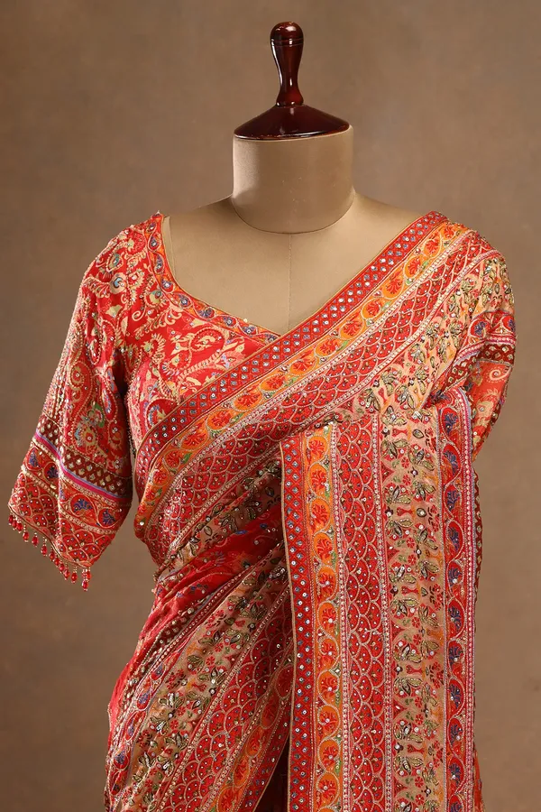 Red_Printed_Crepe_Designer_Saree_with_Embroidered_Elbow_Sleeve_Blouse