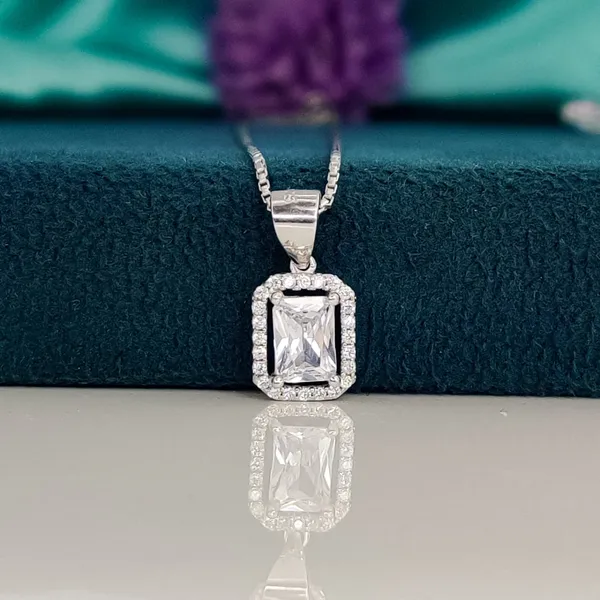 Silver_Elegant_Emerald-Cut_Crystal_Pendant_Necklace_With_Halo_Setting
