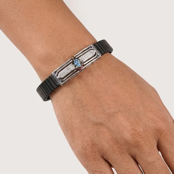 Black_And_Silver_Elegant_Rubber_Strap_Bracelet_With_Crystal_Skull_Embellishment_And_Silver_Detailing