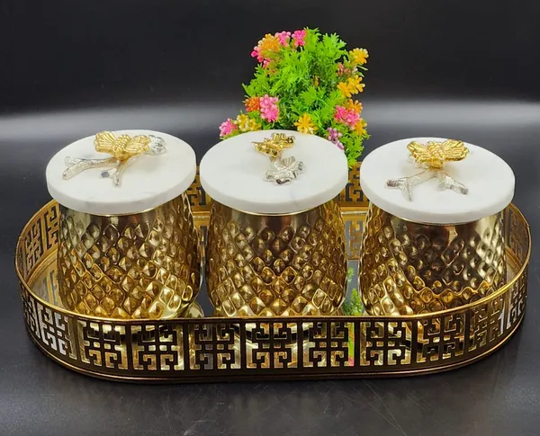 Gold_And_White_Metal_Combo_Set_Of_Marble_Jars_And_Mirror_Tray
