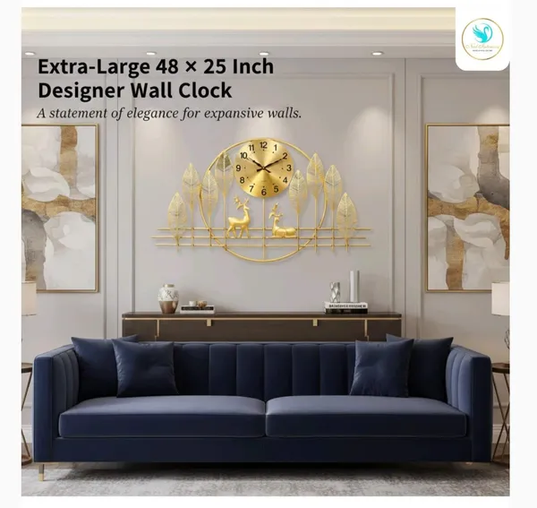 Modern_Gold_Metal_Wall_Clock_with_Leaf_&_Deer_Design
