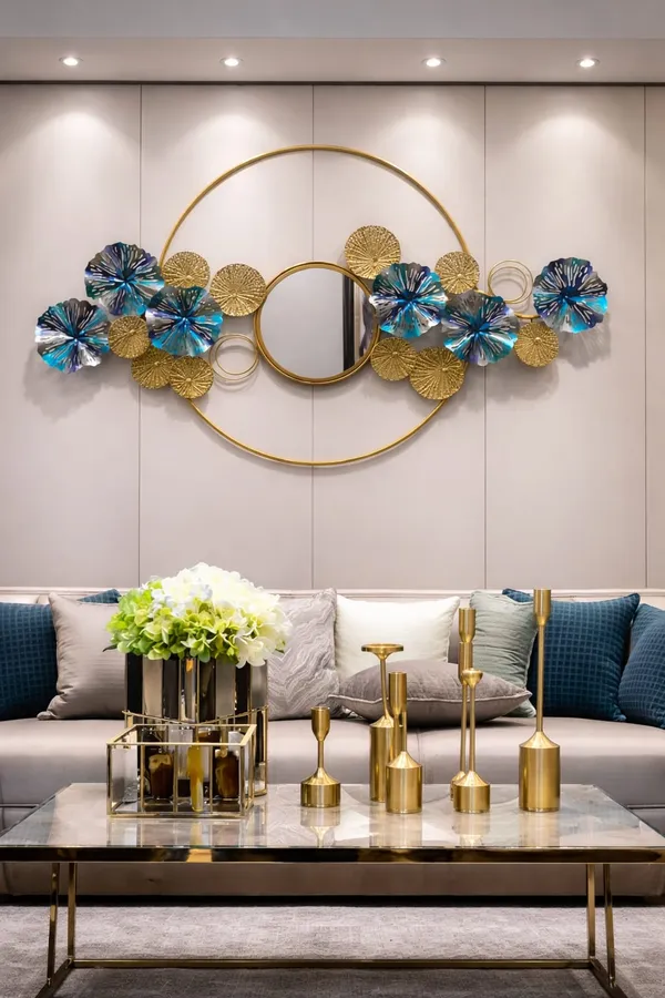 Gold_&_Blue_Floral_Metal_Wall_Art_with_Mirror