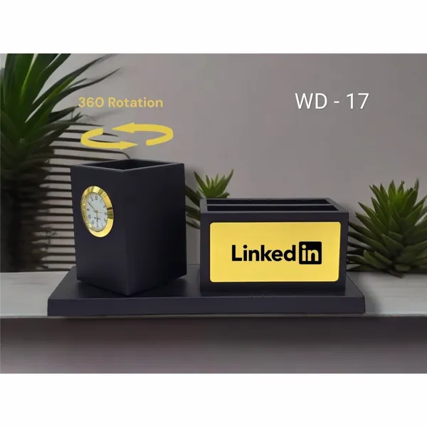 Black_And_Gold_Premium_Rotating_Desk_Organizer_Set_With_Clock_And_Linkedin_Branding