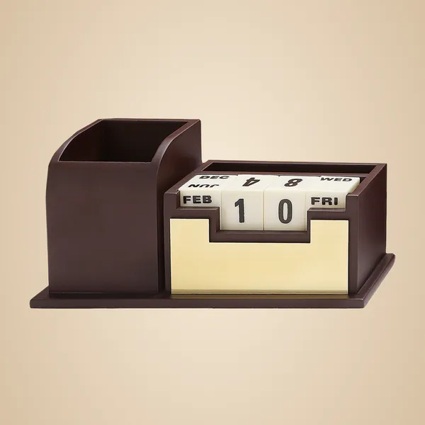Brown_And_Gold_Wooden_Desktop_Calendar_With_Pen_Holder
