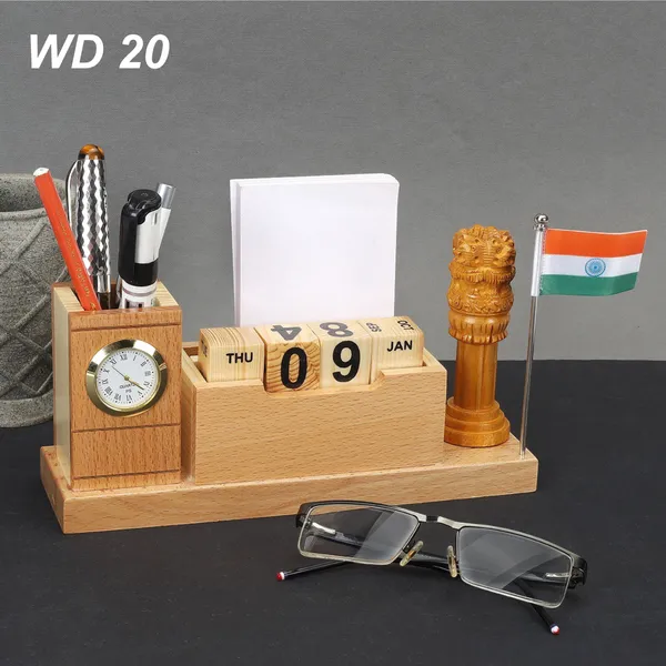 Brown_Wooden_Desk_Organizer_With_Calendar,_Clock,_Pen_Holder_And_Indian_Flag_Multi_Functional_Office_Table_Accessory