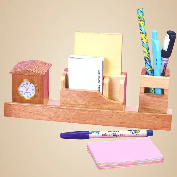 Wooden_Finish_Wooden_Desk_Organizer_With_Clock_Multi_Compartment_Stationery_Holder