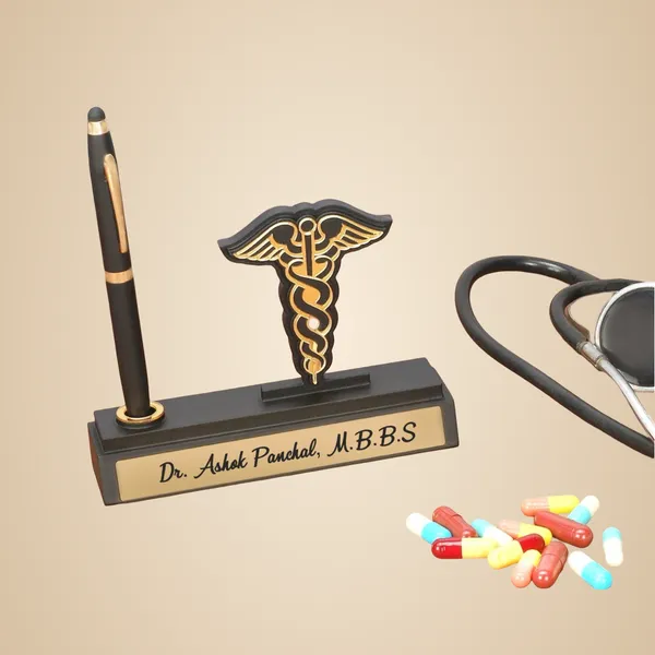 Brown_And_Gold_Premium_Doctor's_Desk_Nameplate_With_Pen_Holder_And_Medical_Caduceus_Symbol