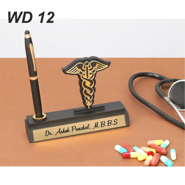 Brown_And_Gold_Premium_Doctor's_Desk_Nameplate_With_Pen_Holder_And_Medical_Caduceus_Symbol