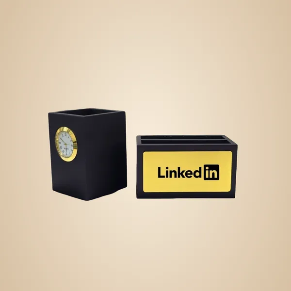 Black_And_Gold_Premium_Rotating_Desk_Organizer_Set_With_Clock_And_Linkedin_Branding