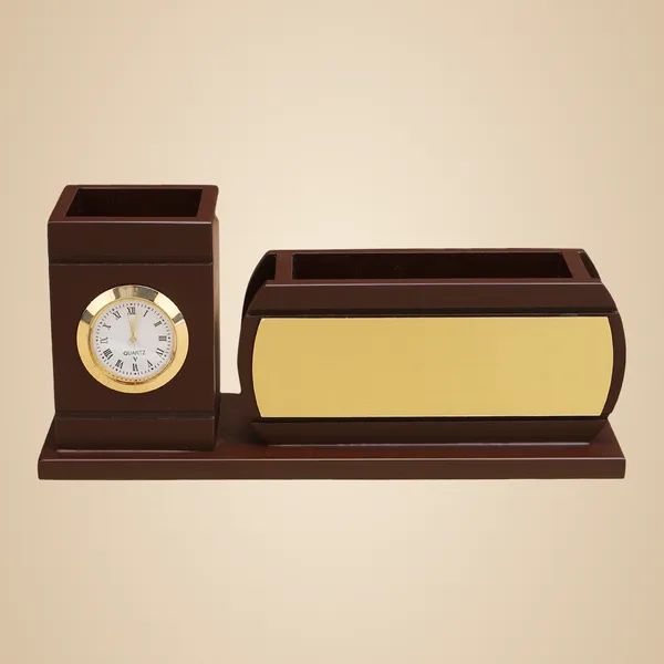 Gold_And_Brown_Premium_Wooden_Desk_Organizer_With_Clock_And_Pen_Holder