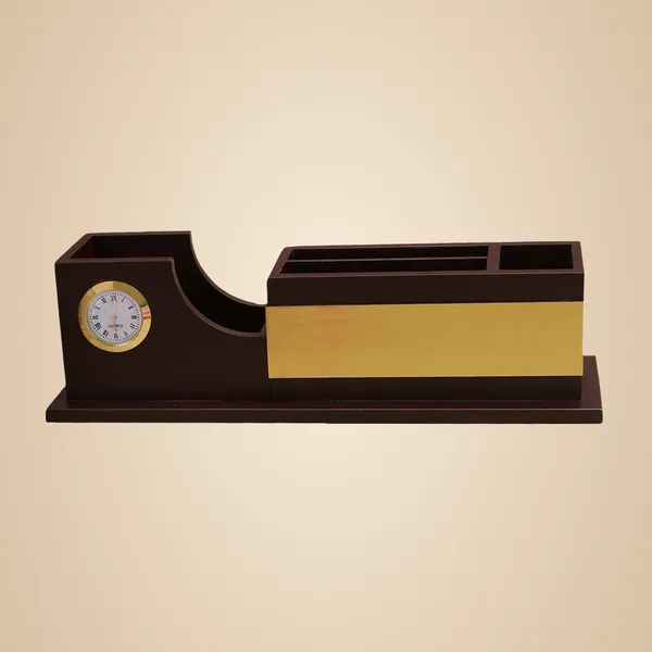 Gold_And_Brown_Premium_Wooden_Desk_Organizer_With_Clock_Multi_Compartment_Office_Accessory