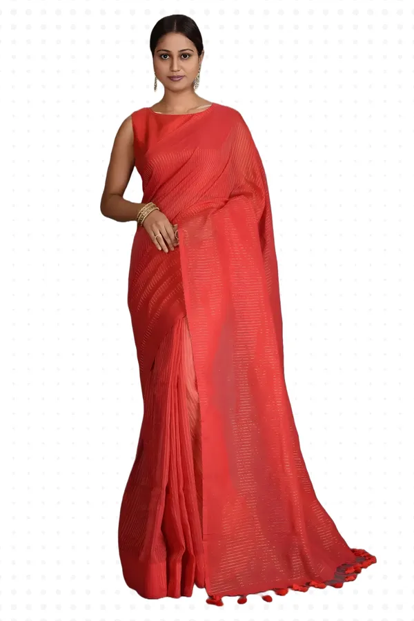 Red_Cotton_Silk_Stripe_Zari_Handloom_Regular_Wear_Saree_For_Women