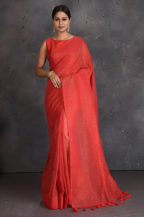 Red_Cotton_Silk_Stripe_Zari_Handloom_Regular_Wear_Saree_For_Women