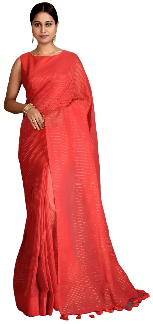 Red_Cotton_Silk_Stripe_Zari_Handloom_Regular_Wear_Saree_For_Women