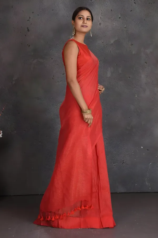 Red_Cotton_Silk_Stripe_Zari_Handloom_Regular_Wear_Saree_For_Women