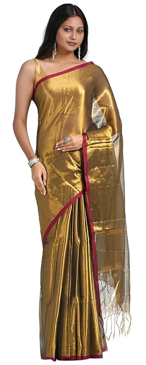 Golden_Handloom_Tissue_Saree_Ethnic_Wear_For_Occasional_Use_For_Elegance_Look_Cotton_Blended_Copper_Golden_Zari_With_Red_Border_And_Light_Weight_For_Women