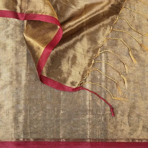 Golden_Handloom_Tissue_Saree_Ethnic_Wear_For_Occasional_Use_For_Elegance_Look_Cotton_Blended_Copper_Golden_Zari_With_Red_Border_And_Light_Weight_For_Women