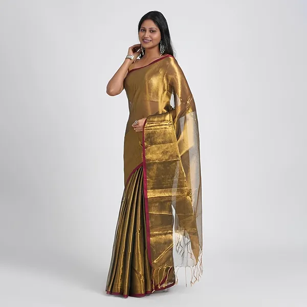 Golden_Handloom_Tissue_Saree_Ethnic_Wear_For_Occasional_Use_For_Elegance_Look_Cotton_Blended_Copper_Golden_Zari_With_Red_Border_And_Light_Weight_For_Women