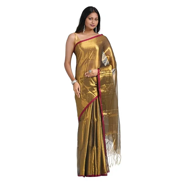 Golden_Handloom_Tissue_Saree_Ethnic_Wear_For_Occasional_Use_For_Elegance_Look_Cotton_Blended_Copper_Golden_Zari_With_Red_Border_And_Light_Weight_For_Women