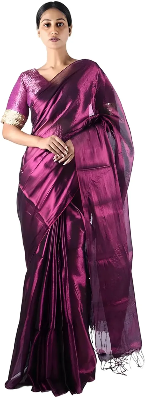 Magenta_Bengal_Handloom_Glossy_Lightweight_Without_Border_Saree_With_Pure_Cotton_Yearn_Blended_By_Zari_For_Women