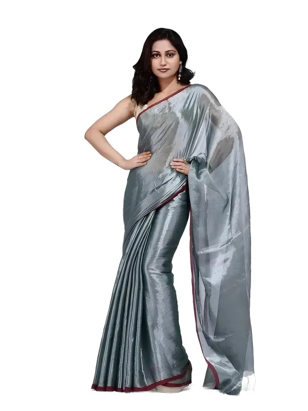 Grey_Handloom_Glossy_Tissue_Saree_With_Rich_Red_Border_Soft,_Lightweight_&_Lustrous_Finish_Perfect_For_Weddings,_Traditional_Elegance_Artisanal_Weaving_Masterpiece_For_Women